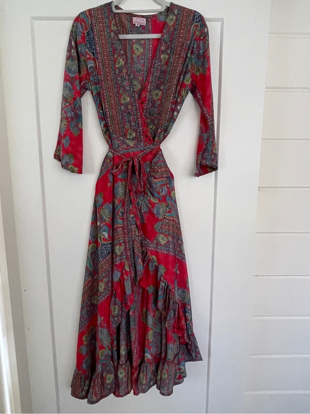Cienna Silk Blend Boho Floral Paisley Wrap Maxi Dress with Ruffle Hem Small